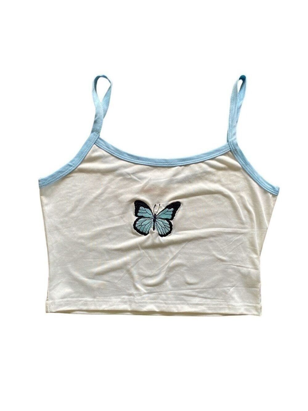 2/$10 Romwe White with Embroidered Butterfly Cropped Tank size Small